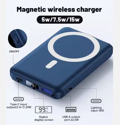 Chargeur iphone magnétique sans fil pliable 10000mAh Batterie avec câble USB-C et affichage LED